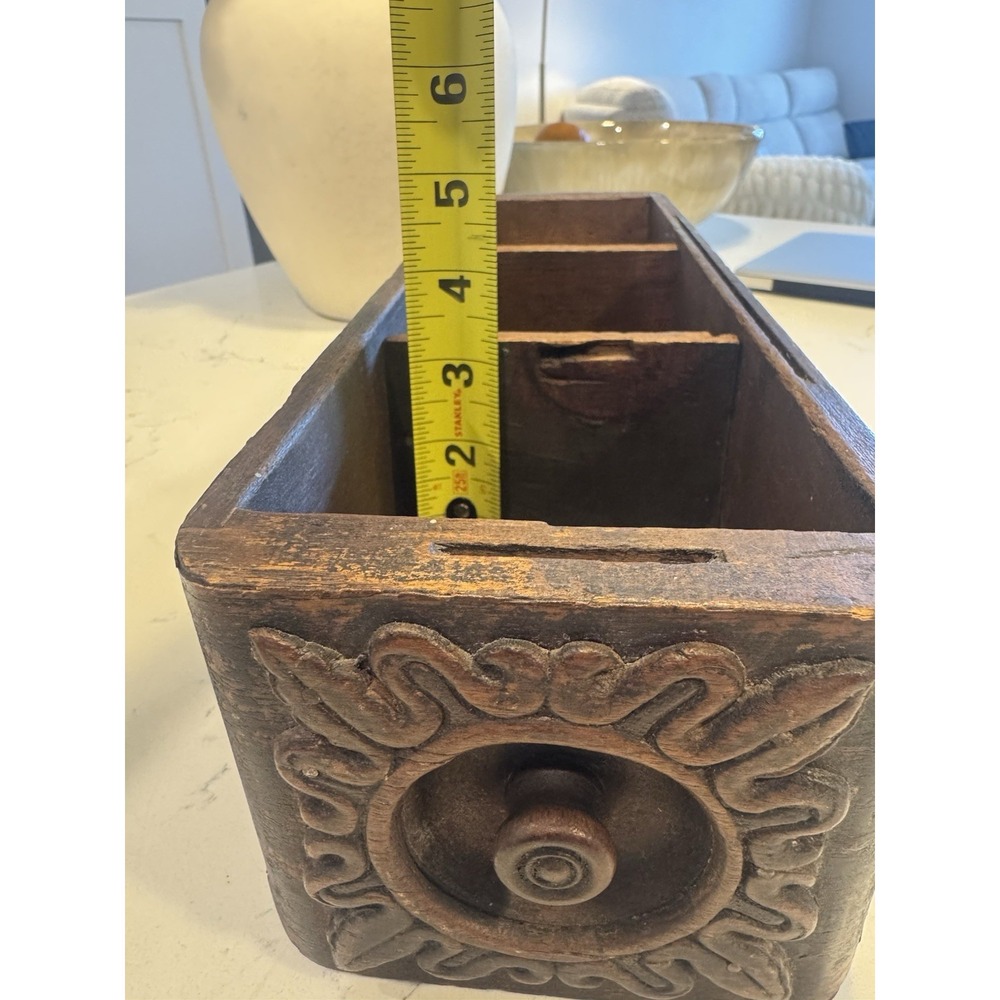 Vintage Carved Wood Box 3 Slot Farmhouse Kitchen Holder/Organizer Rustic Decor - Picture 15 of 15